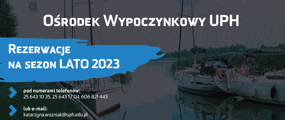 Ośrodek wypoczynkowy UWS - baner przedstawiający jezioro i jachty.